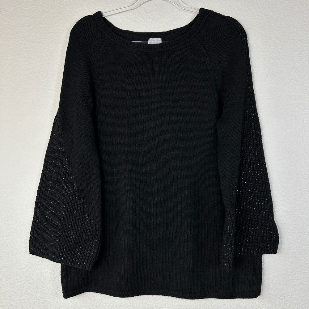 Chicos size 2 /L pullover knit sweater wool cashmere black silver sleeve